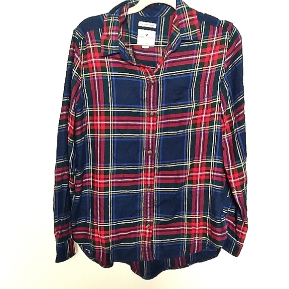 American Eagle Red and Blue Plaid Long Sleeve Boyfriend Flannel Button Shirt Med - Picture 1 of 8
